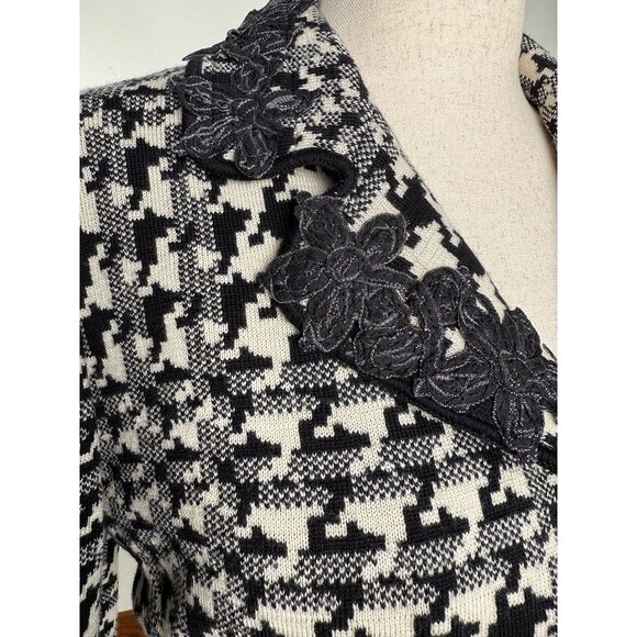 Vintage Stizzoli Black & White Houndstooth Sweater Blazer With Floral Appliqué S - Picture 2 of 6